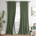 Olive Green 100% Blackout Linen Curtains 132 Inch Length 2 Panels Set by Guken