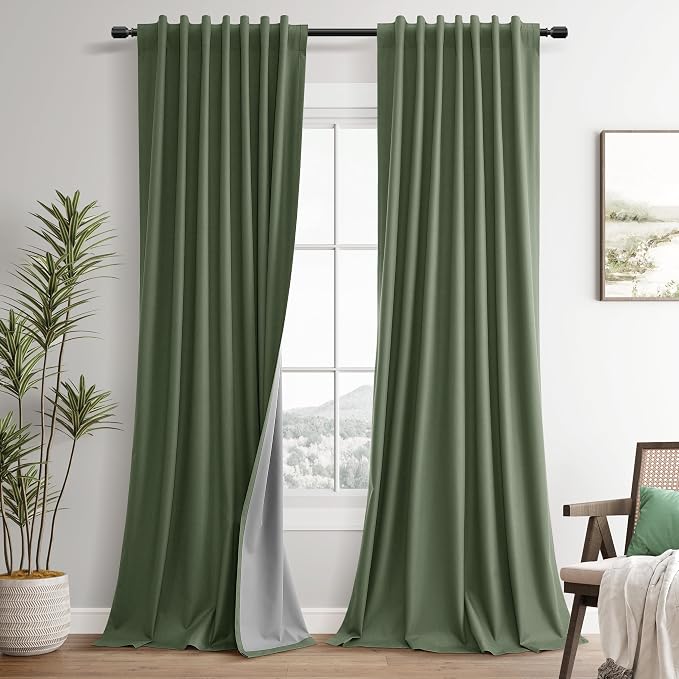 Olive Green 100% Blackout Linen Curtains 94 Inches Long 2 Panels Back Tab Hook by Guken