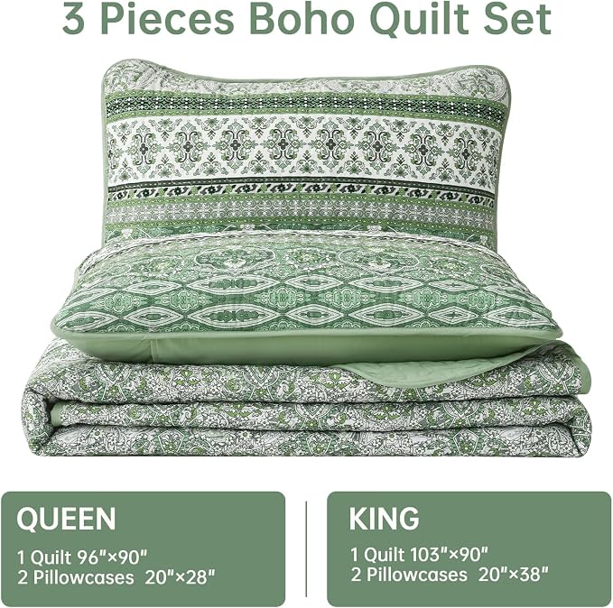 WONGS BEDDING Boho Quilt Set Full Size, Light Green Bohemian Full Quilt Bedding - Image 7