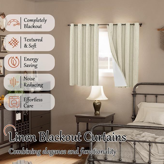 Linen Blackout Curtains 45 Inches Long 2 Panels Each 52 Wide Natural | Thermal - Image 2