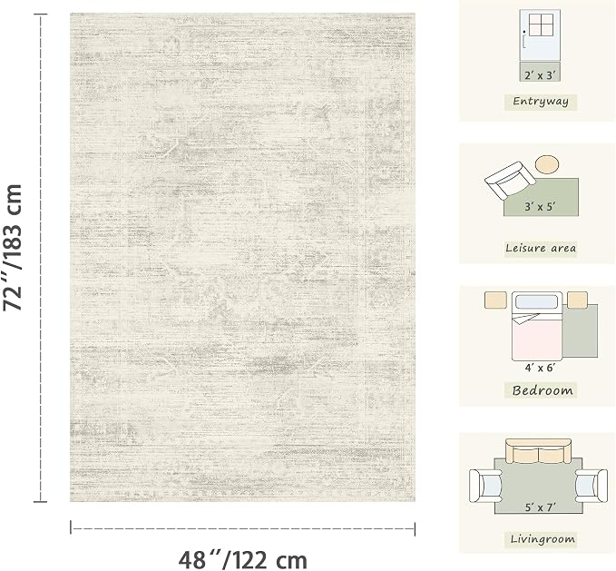 Latte&Fog Ivory 4x6 Area Rug Vintage Washable Small Neutral Rug - Image 2
