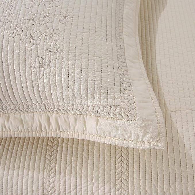 ROOMLIFE Quilt Set Queen Size 3D Floral Embroidery Pattern 3-Piece Cotton - Image 5