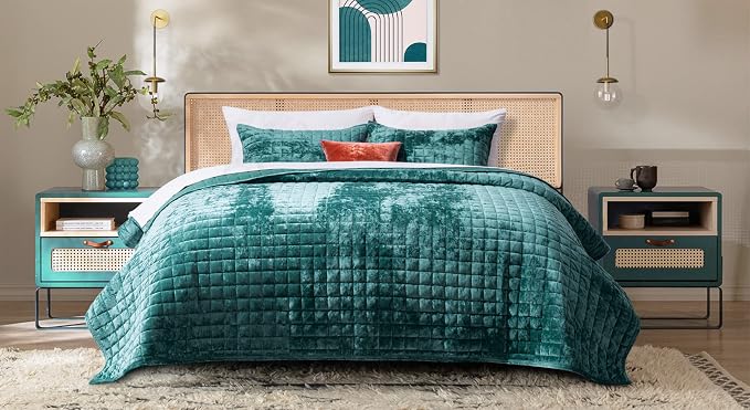 RECYCO Channel Box Stitch Velvet Quilt Set, Full Queen Size, Teal | Ultra Soft - Image 4