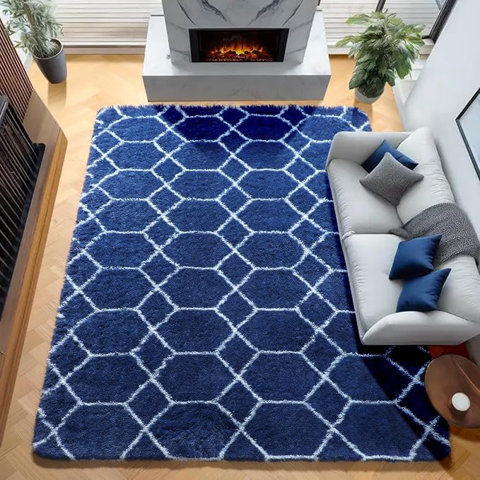 Large 8x10 Area Rugs for Living Room, Fluffy Geometric Navy and White Rug for by ONASAR