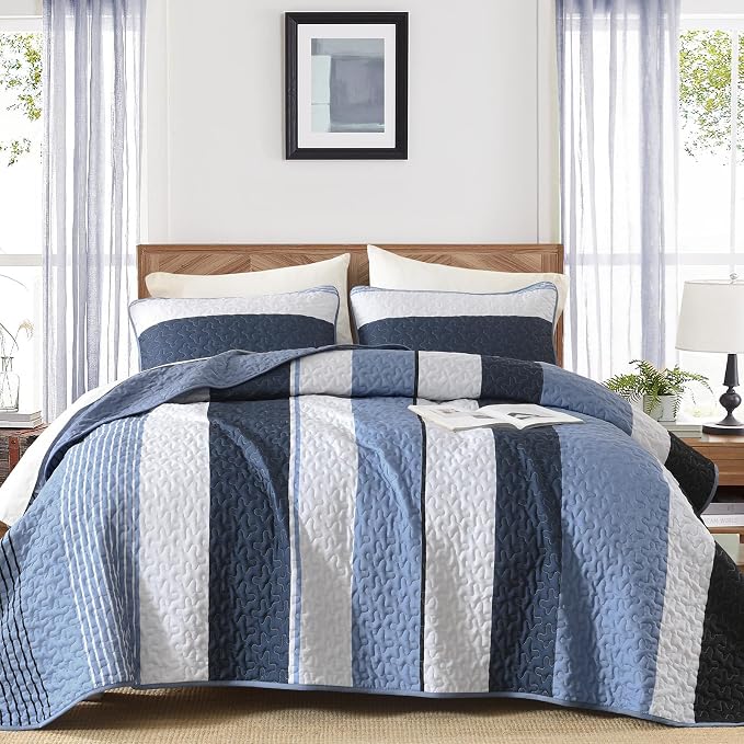 Dinjoy Queen Boho Striped Quilt Set, Breathable All-Season, 3-Piece Set Fits - Image 3