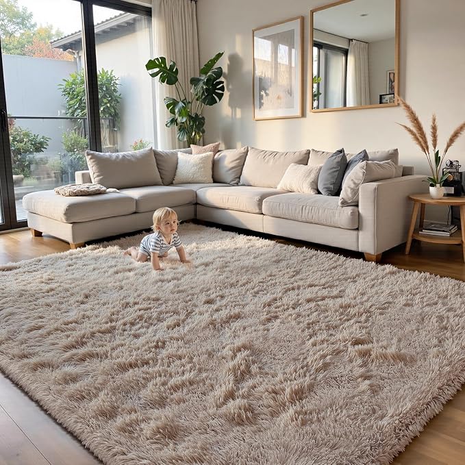 Beige 9x12 Area Rugs for Living Room, Fluffy Shag Rug Large Bedroom Carpet | - Image 3