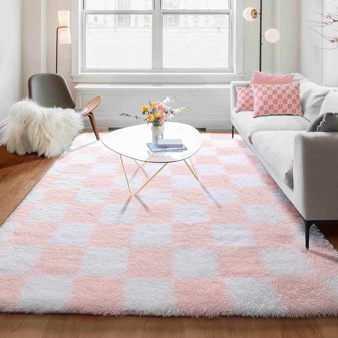 KICMOR 5x8 Area Rugs for Living Room, Light Pink and White Fluffy Shag Large - Image 7