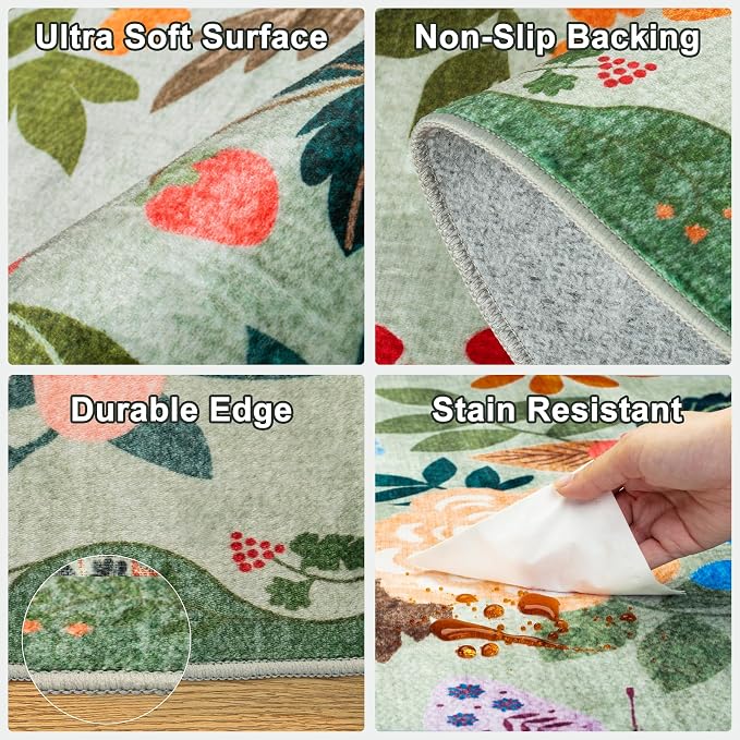 PLHXFR Area Rug 9x12 Living Room: Floral Washable Boho Soft Carpet Green | - Image 6