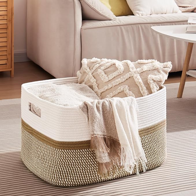 OIAHOMY Blanket Basket Laundry Basket Dog Toy Basket 75L Yellow/White | Large - Image 4