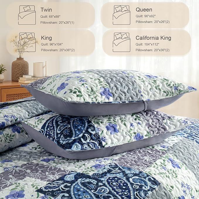 Whale Flotilla California King Size Quilt Set, Extra Soft Floral Bedspreads | - Image 4