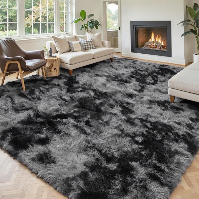 Area Rugs 9x12 Living Room, Dark Grey Tie-Dyed Large Shaggy Plush Carpet | Soft by Junhejiamei