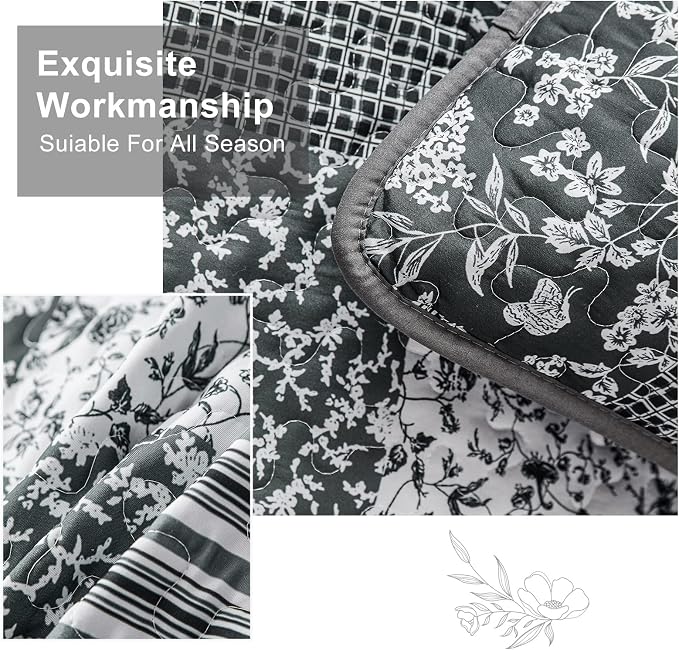 Mybedsoul Black Grey Boho Quilt Set Queen Size, 3 Pieces Plaid Floral Bedspread - Image 3