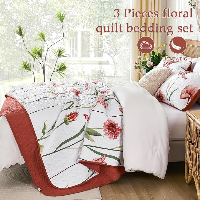 WONGS BEDDING Red Quilt Set Queen Size, Cute Red Floral Botanical Bedspread - Image 3