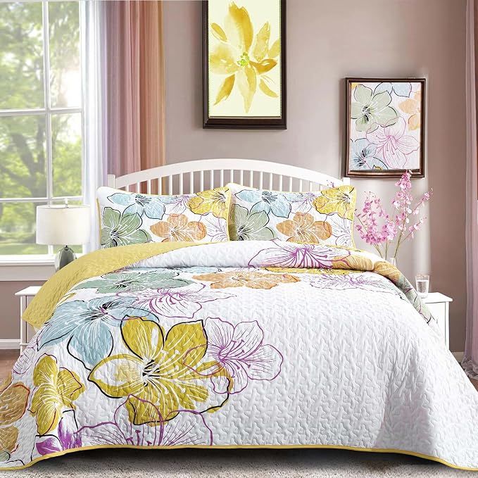 DJY 3 Pieces Quilt Set Queen Size Yellow Floral Pattern, Colourful Floral by HOME