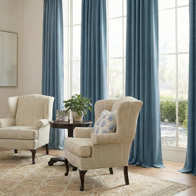 Pinch Pleated Full Blackout Faux Linen Curtains 90 Inches Long | Stone Blue - Image 4