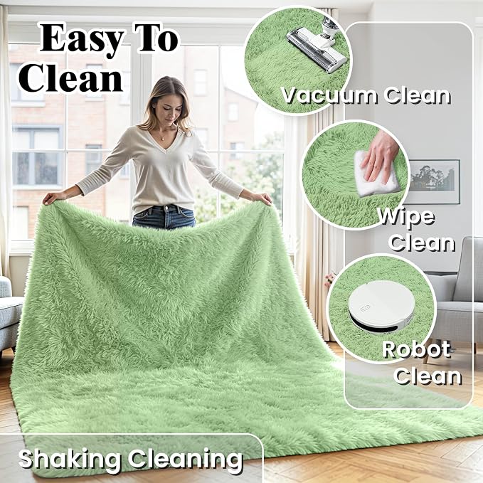 6x9 Fluffy Area Rug for Living Room: Non-Slip Light Green Bedroom Carpet | - Image 6