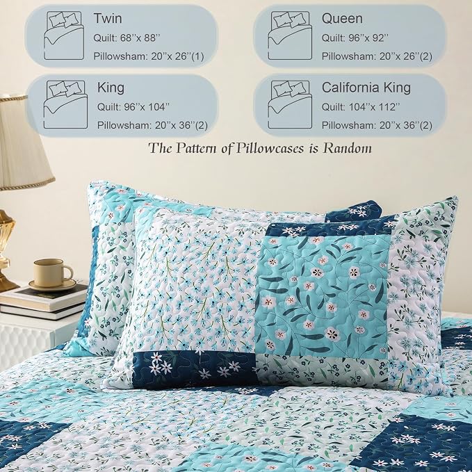 Whale Flotilla Patchwork Quilts Queen Size, Extra Soft Floral Bedspreads | Blue - Image 6