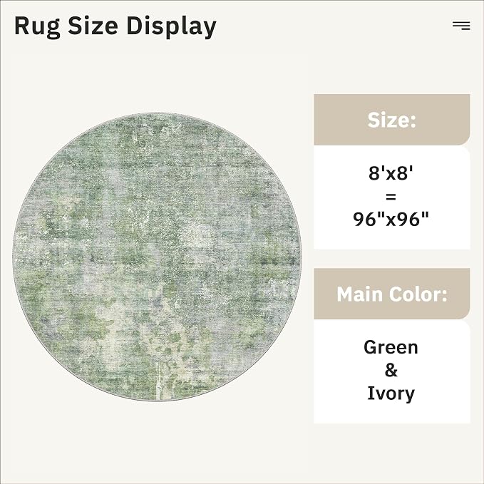 Soalmost Round Rugs 8ft Living Room Circle Area Rug 8x8 Green/Ivory Vintage | - Image 5