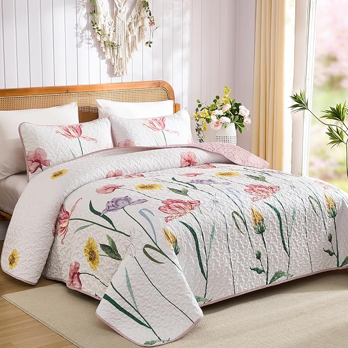 WONGS BEDDING Pink Quilt Set King, 3 Pieces Colorful Delicate Floral Bedspread - Image 2