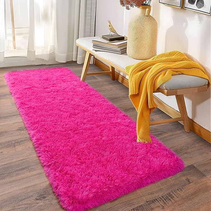 Soft Fluffy Shag Runner Rugs for Girls Bedroom 2x6 Hot Pink Washable | Shaggy - Image 8