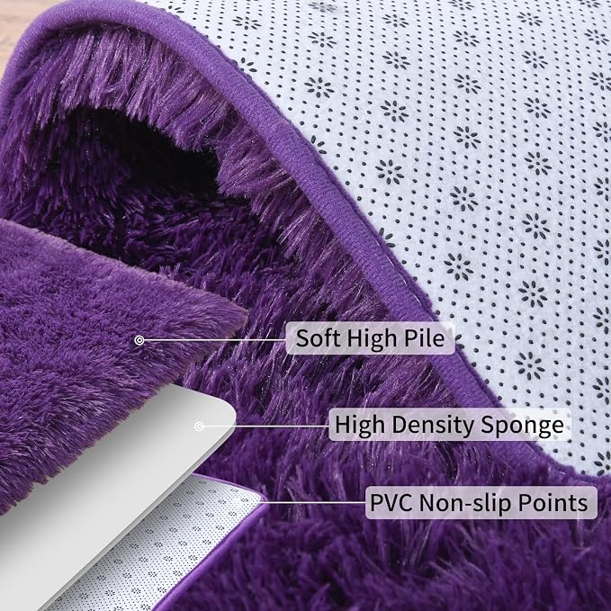 Fluffy Shag Runner Rugs for Bedroom Hallways, 2x8 Purple Washable | Non Slip - Image 4