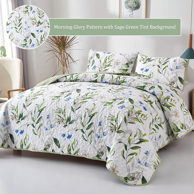 Anibedding Queen Quilt Set, Floral Botanical Bedspread - Image 3