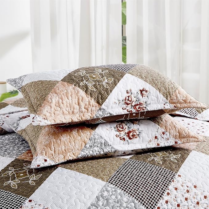 Dinjoy Patchwork Quilt Set Queen Size, Boho Floral Bedspreads, 3 Pieces | - Image 6