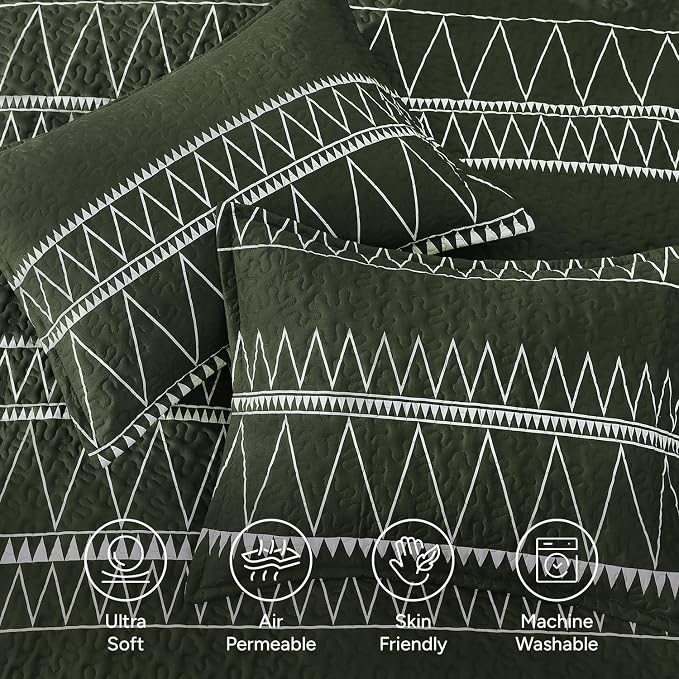 Green King Size Quilt Set, 3 Pieces Boho Striped Bedspread | Soft Lightweight - Image 5