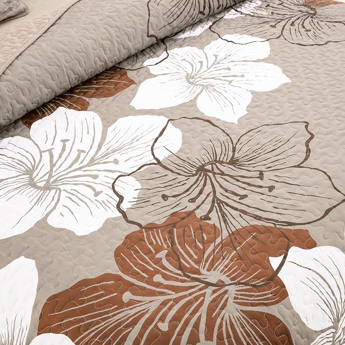 DJY Quilt California King Size, Taupe Floral Bedspread Coverlet Set 3 Pcs | - Image 3