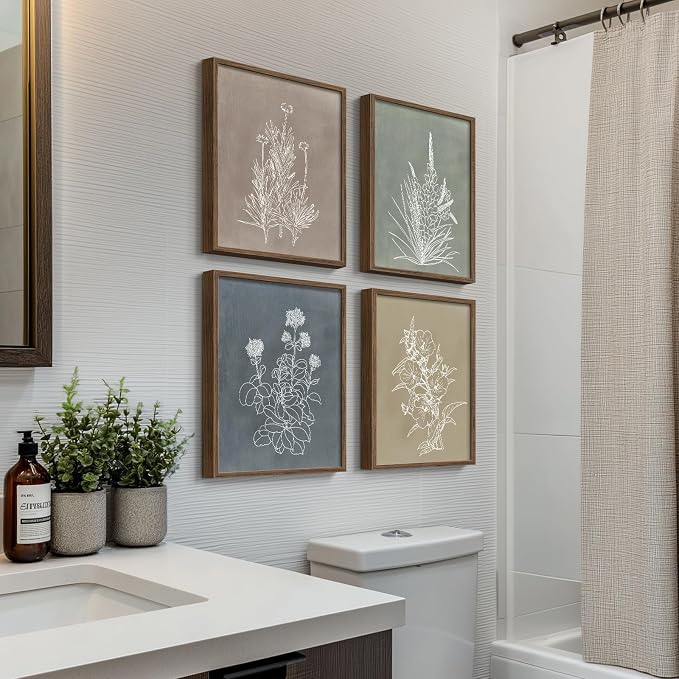 Framed Boho Botanical Wall Art for Bathroom, 4 Piece Rustic Floral Canvas - Image 2