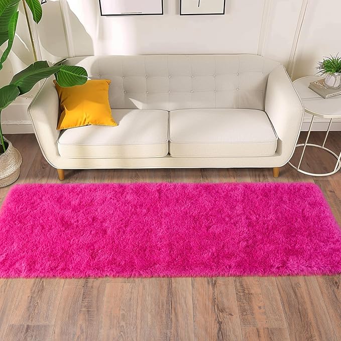Soft Fluffy Shag Runner Rugs for Girls Bedroom 2x6 Hot Pink Washable | Shaggy - Image 3