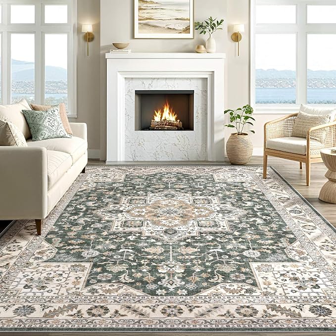 cotiled 8x10 Area Rug for Living Room, Traditional, Vintage Green | Soft - Image 6