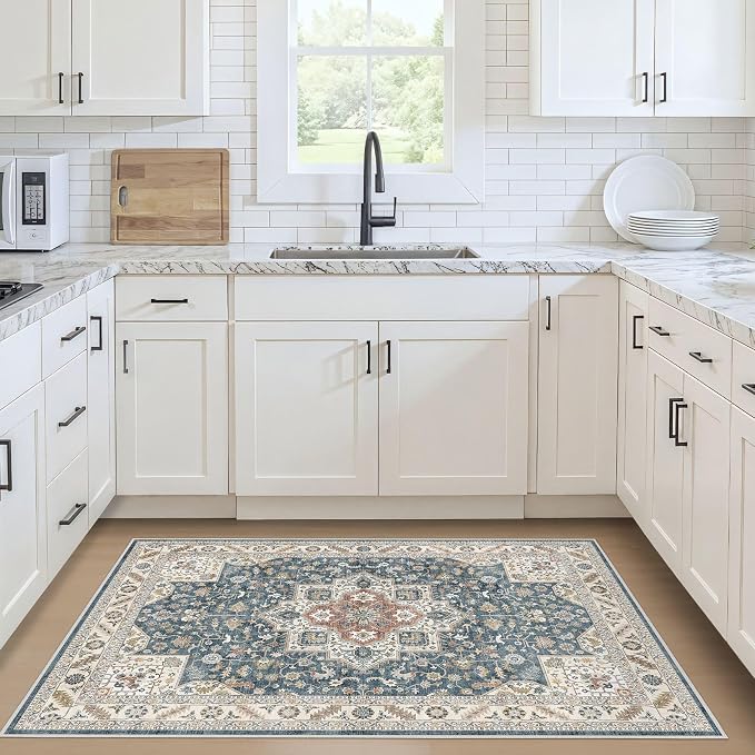 cotiled 3x5 Area Rug for Living Room, Traditional, Vintage Blue | Washable Soft - Image 2