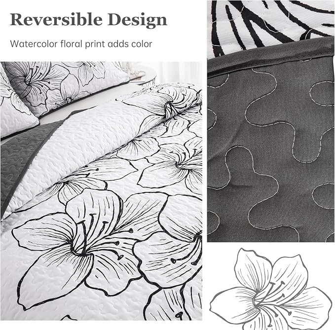 DJY White Quilt Set King 3 Pieces Floral Bedding Quilt Set Soft Botanical - Image 4