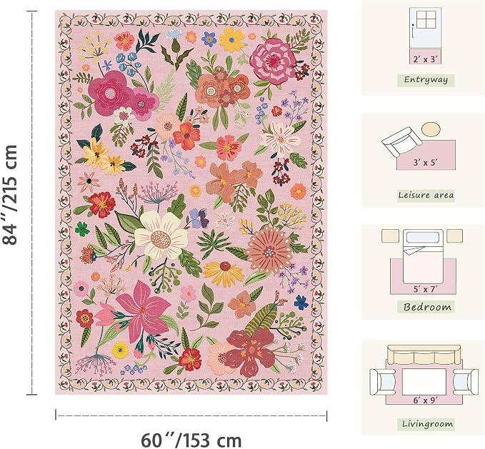 Latte&Fog Washable Living Room Floral Rugs 5x7 Pink Rugs - Image 2