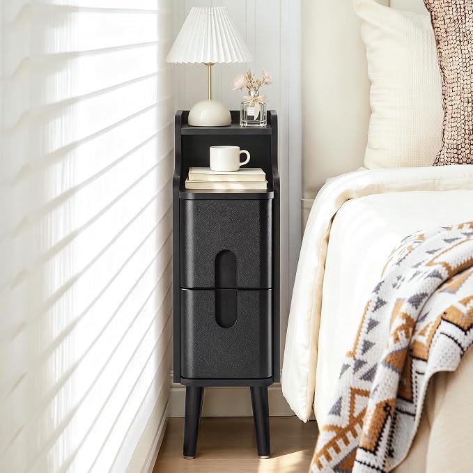 FurSch Narrow Nightstand Set of 2, Wooden Small 2 Drawer, Skinny Bedside Table by FurSchFurniture