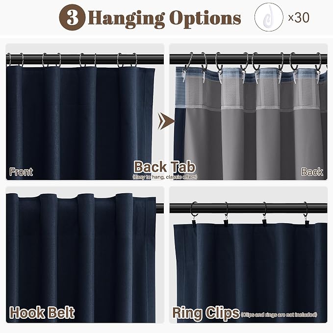Navy Blue 100% Blackout Linen Curtains 96 Inches Long - Image 2