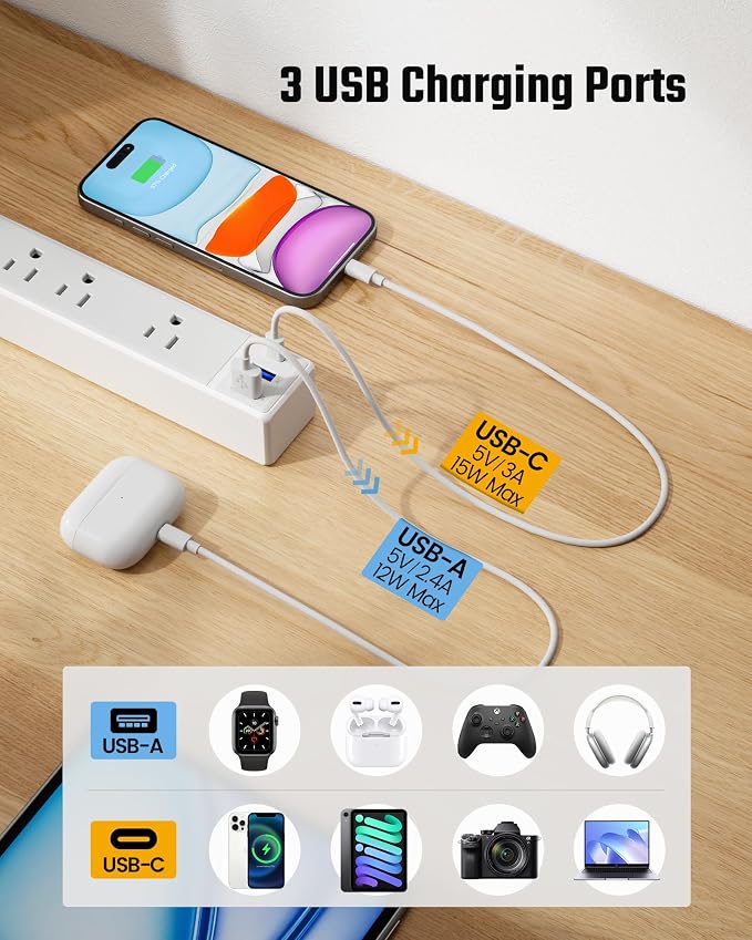 SUPERDANNY 6Ft Thin Extension Cord, Flat Plug Surge Protector Power Strip | - Image 5