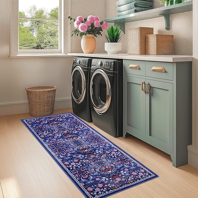 PLHXFR 2x5 Washable Runner Rug：Floral Indoor Kitchen Soft Carpet Blue | - Image 4
