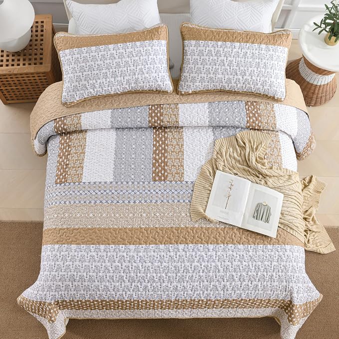 WONGS BEDDING Brown Queen Quilt Bedding Set, Bohemian Stripe Bedspread | - Image 3