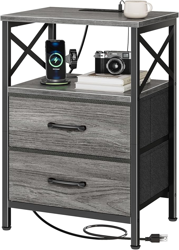 Huuger Night Stand with Charger Station, USB-C Port, End Table | 2 Drawer by Huuger