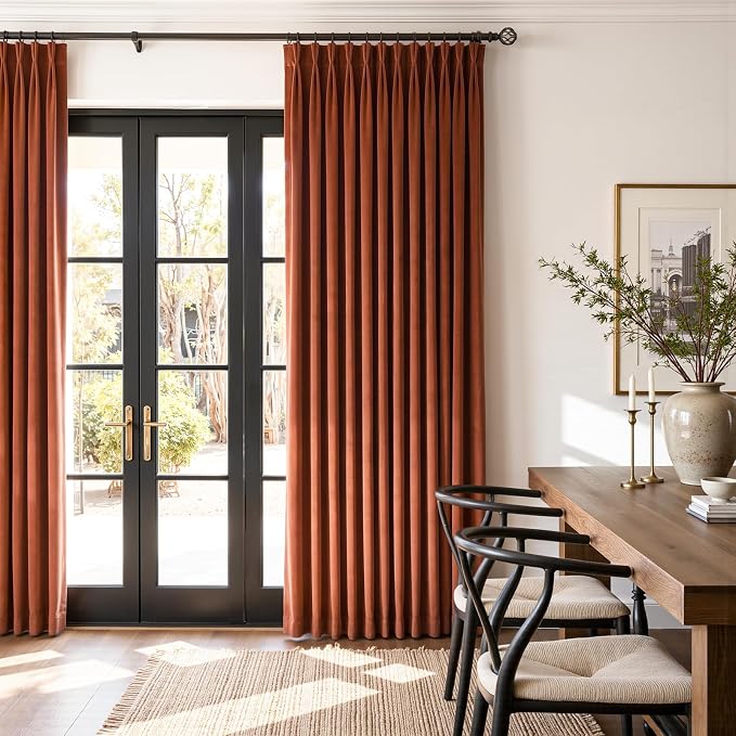 Burnt Orange Heavy Velvet Blackout Curtains, 108 Inches Long Pleated - Image 6