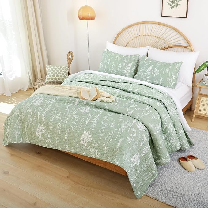 JANZAA Twin Quilt, Sage Green Quilt Set Floral Bedspread 2 Pcs Bedding Set | - Image 6