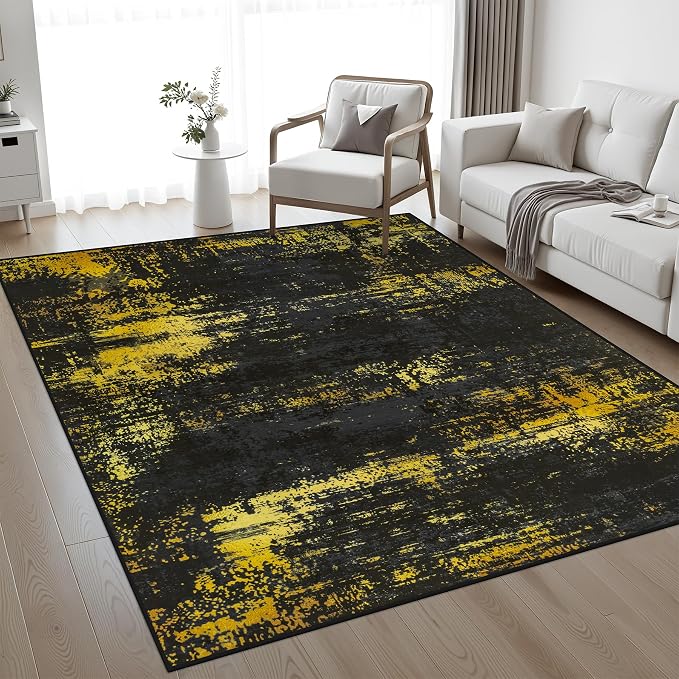 5x8 Area Rug Living Room: Modern Washable Soft Carpet Black Gold | - Image 2