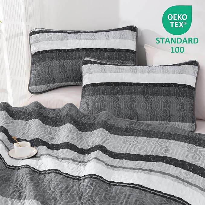 Dobuyly California King Boho Stripe Quilt, Breathable All-Season, 3-Piece Set - Image 3