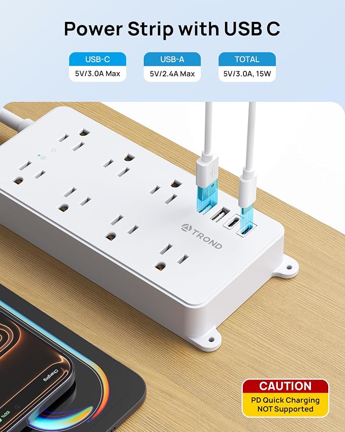 TROND Surge Protector Power Strip 10ft, ETL Listed, 7 Widely-Spaced Outlets - Image 3