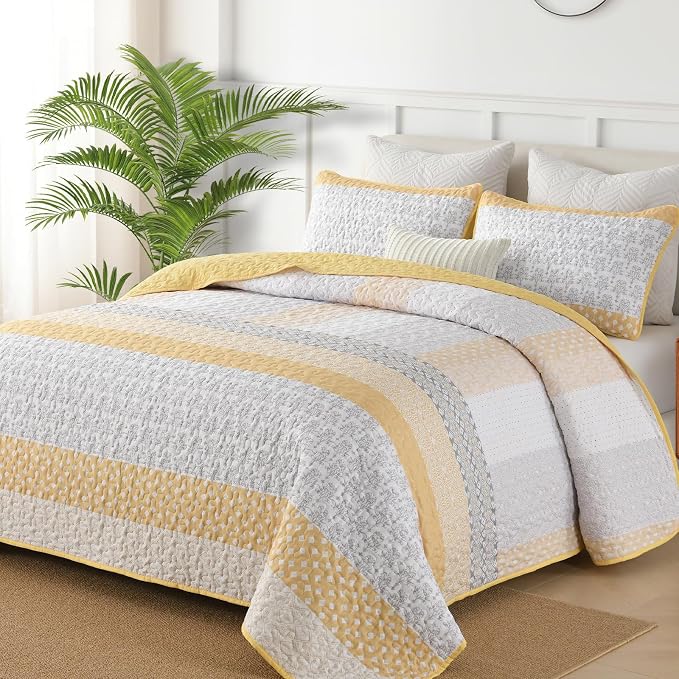WONGS BEDDING Yellow King Size Quilt Set, Boho Striped Patchwork Bedspread | 3 by WONGSBEDDING