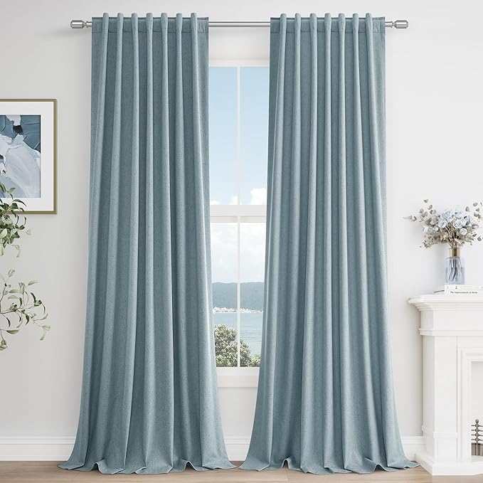 Blue 100% Blackout Linen Curtains 100 Inch Length 2 Panels Set by Guken