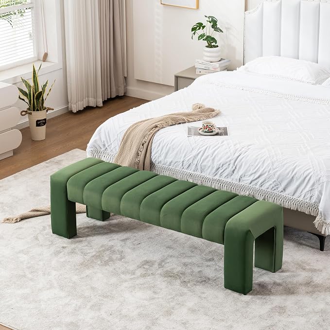 59" Velvet Bench for Bedroom King Size Bed Window End of Bed, Olive Green | - Image 4