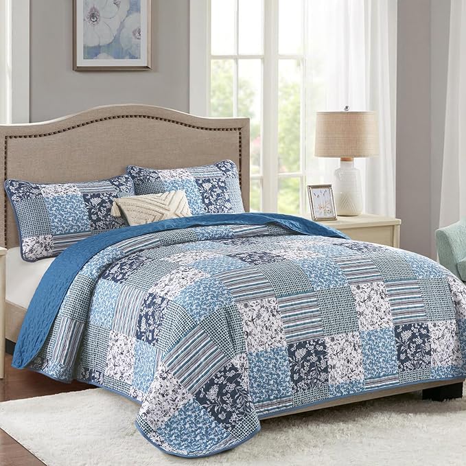 Mybedsoul Navy Blue Quilt Set Queen Size, 3 Pieces Plaid Floral Bedspread Set - Image 2